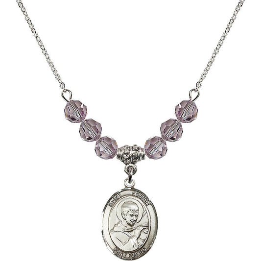 Sterling Silver Saint Robert Bellarmine Birthstone Necklace with Light Amethyst Beads - 8096