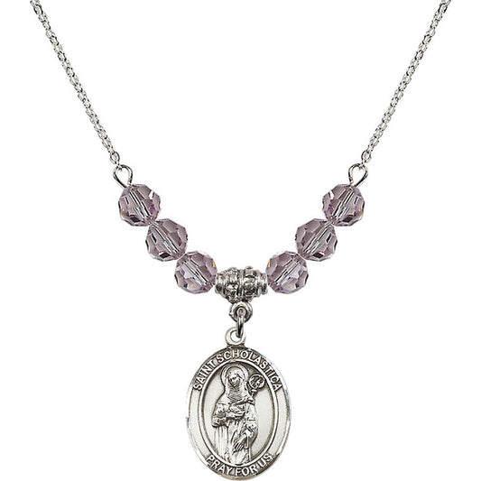 Sterling Silver Saint Scholastica Birthstone Necklace with Light Amethyst Beads - 8099