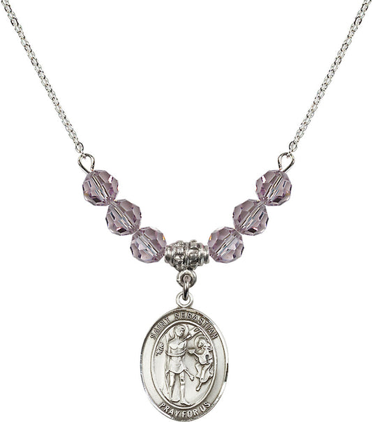 Sterling Silver Saint Sebastian Birthstone Necklace with Light Amethyst Beads - 8100