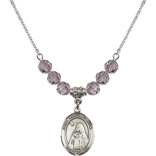 Sterling Silver Saint Teresa of Avila Birthstone Necklace with Light Amethyst Beads - 8102