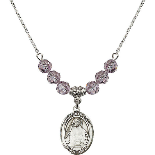 Sterling Silver Saint Edith Stein Birthstone Necklace with Light Amethyst Beads - 8103