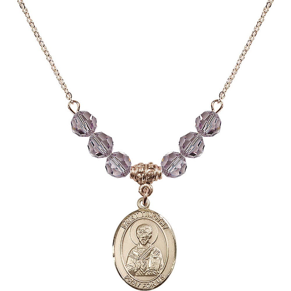 14kt Gold Filled Saint Timothy Birthstone Necklace with Light Amethyst Beads - 8105