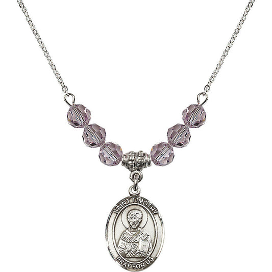 Sterling Silver Saint Timothy Birthstone Necklace with Light Amethyst Beads - 8105