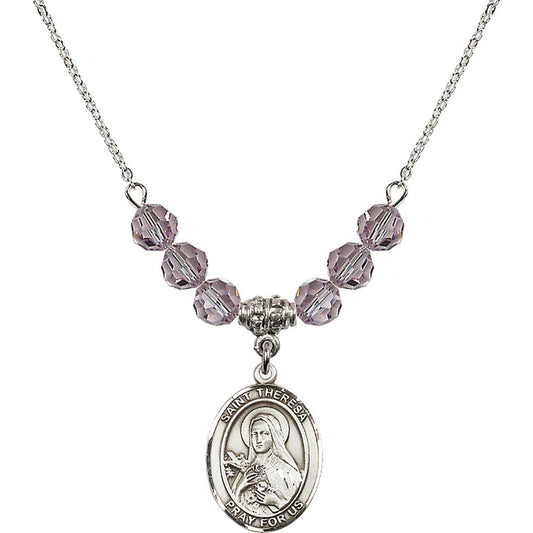 Sterling Silver Saint Theresa Birthstone Necklace with Light Amethyst Beads - 8106
