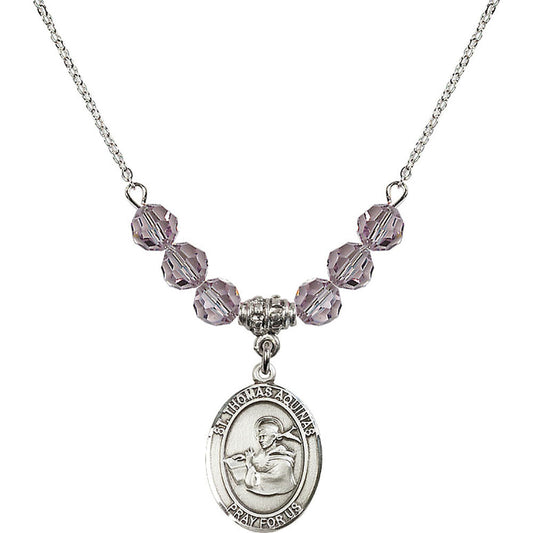 Sterling Silver Saint Thomas Aquinas Birthstone Necklace with Light Amethyst Beads - 8108