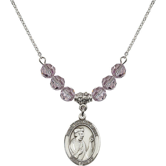 Sterling Silver Saint Thomas More Birthstone Necklace with Light Amethyst Beads - 8109