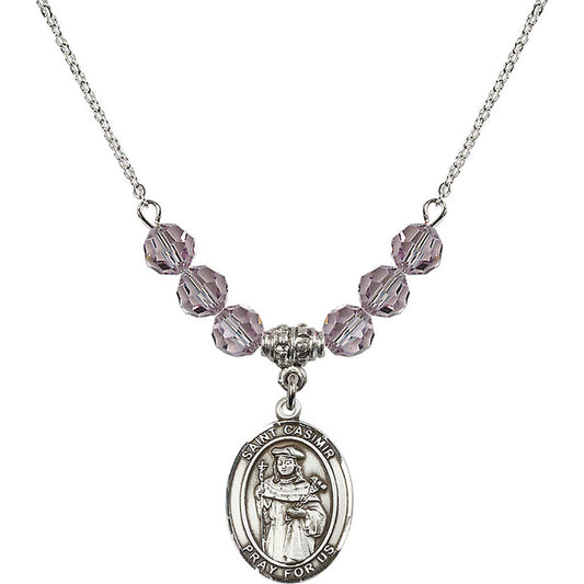 Sterling Silver Saint Casimir of Poland Birthstone Necklace with Light Amethyst Beads - 8113
