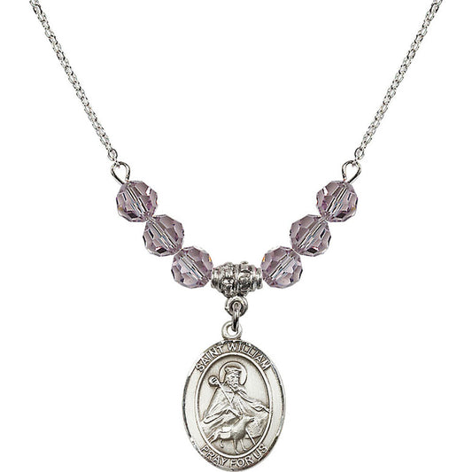 Sterling Silver Saint William of Rochester Birthstone Necklace with Light Amethyst Beads - 8114
