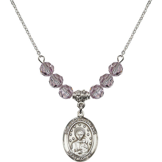 Sterling Silver Our Lady of la Vang Birthstone Necklace with Light Amethyst Beads - 8115