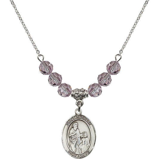 Sterling Silver Saint Zachary Birthstone Necklace with Light Amethyst Beads - 8116