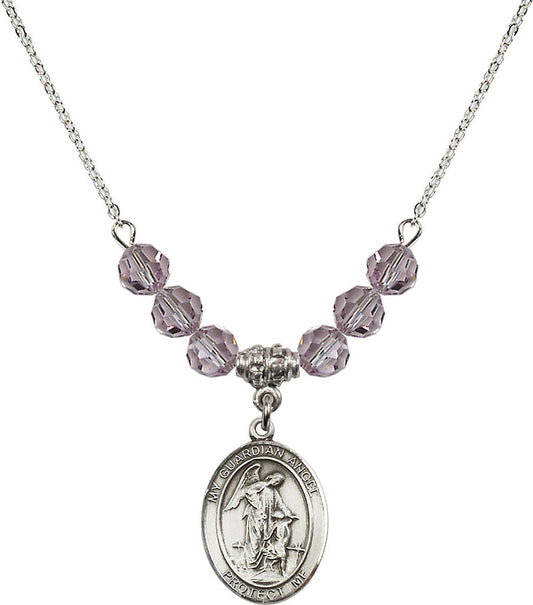 Sterling Silver Guardian Angel w/Child Birthstone Necklace with Light Amethyst Beads - 8118