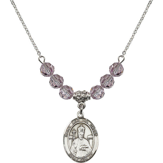 Sterling Silver Saint Leo the Great Birthstone Necklace with Light Amethyst Beads - 8120