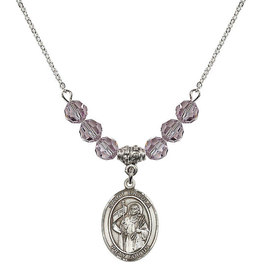 Sterling Silver Saint Ursula Birthstone Necklace with Light Amethyst Beads - 8127