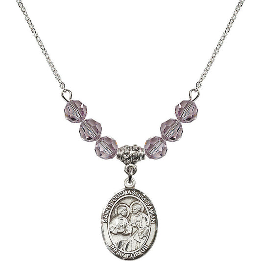Sterling Silver Saints Cosmas & Damian Birthstone Necklace with Light Amethyst Beads - 8132