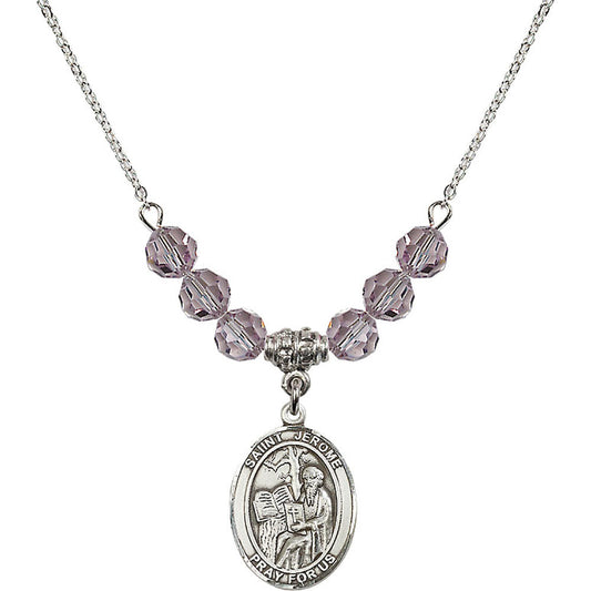 Sterling Silver Saint Jerome Birthstone Necklace with Light Amethyst Beads - 8135