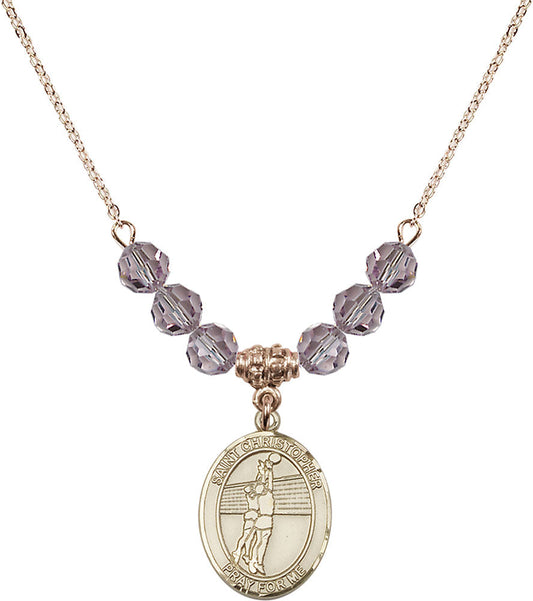 14kt Gold Filled Saint Christopher/Volleyball Birthstone Necklace with Light Amethyst Beads - 8138