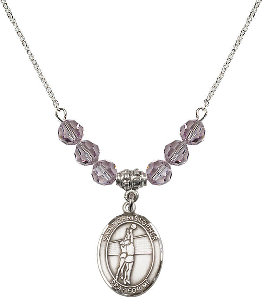 Sterling Silver Saint Christopher/Volleyball Birthstone Necklace with Light Amethyst Beads - 8138