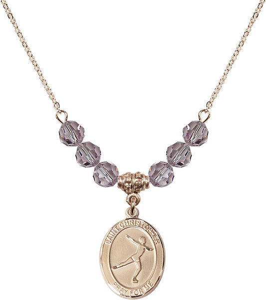 14kt Gold Filled Saint Christopher/Figure Skating Birthstone Necklace with Light Amethyst Beads - 8139