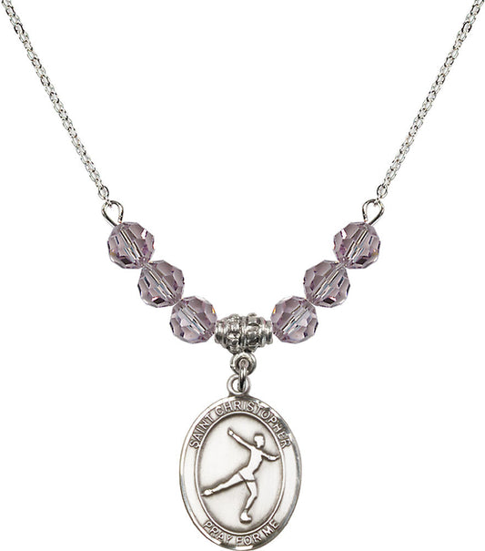 Sterling Silver Saint Christopher/Figure Skating Birthstone Necklace with Light Amethyst Beads - 8139