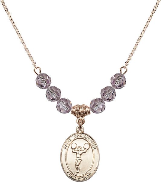 14kt Gold Filled Saint Christopher/Cheerleading Birthstone Necklace with Light Amethyst Beads - 8140