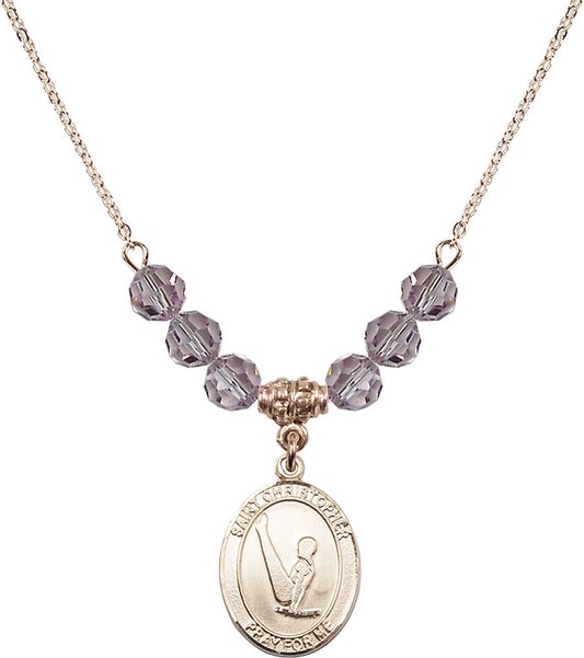 14kt Gold Filled Saint Christopher/Gymnastics Birthstone Necklace with Light Amethyst Beads - 8142