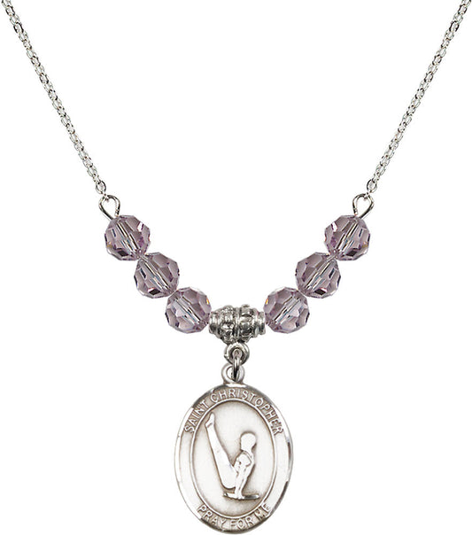 Sterling Silver Saint Christopher/Gymnastics Birthstone Necklace with Light Amethyst Beads - 8142