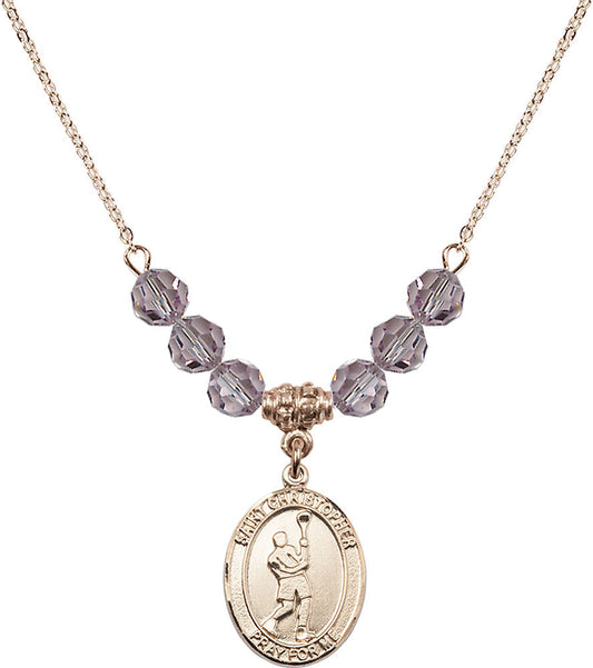 14kt Gold Filled Saint Christopher/Lacrosse Birthstone Necklace with Light Amethyst Beads - 8144