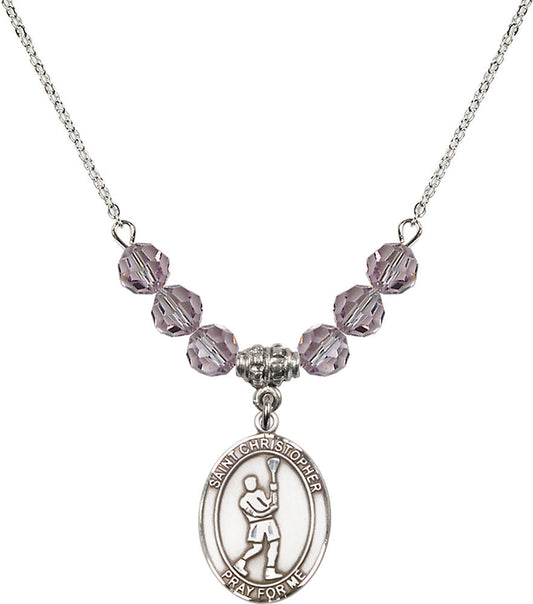 Sterling Silver Saint Christopher/Lacrosse Birthstone Necklace with Light Amethyst Beads - 8144