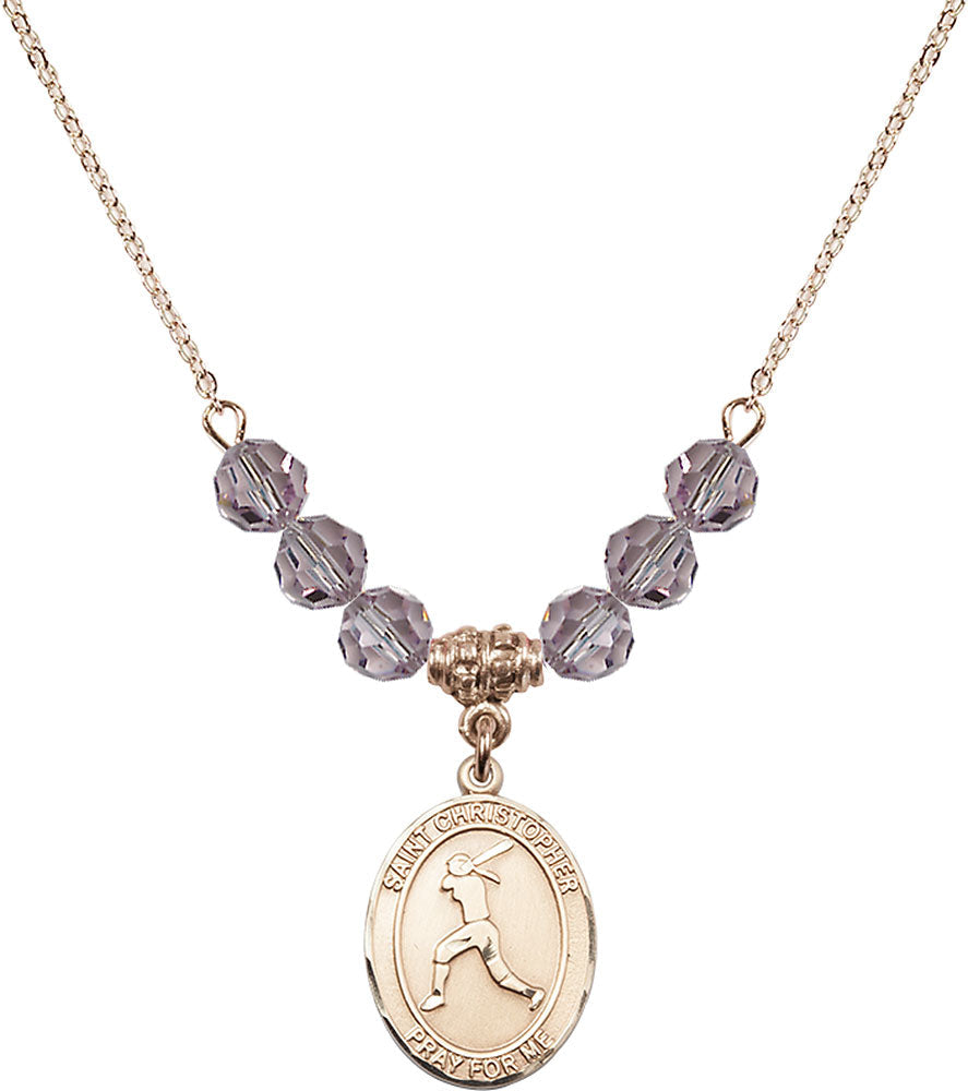 14kt Gold Filled Saint Christopher/Softball Birthstone Necklace with Light Amethyst Beads - 8145