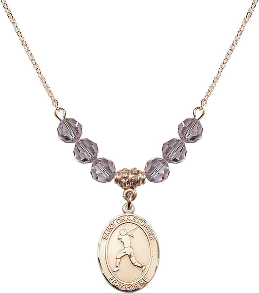 14kt Gold Filled Saint Christopher/Softball Birthstone Necklace with Light Amethyst Beads - 8145