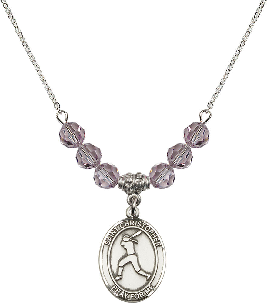 Sterling Silver Saint Christopher/Softball Birthstone Necklace with Light Amethyst Beads - 8145
