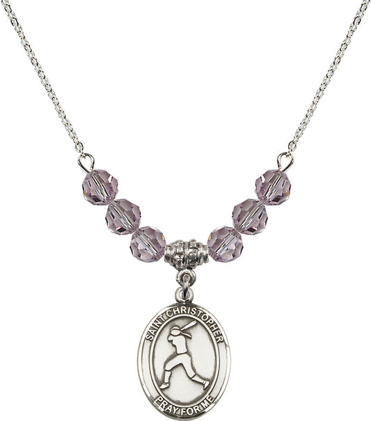 Sterling Silver Saint Christopher/Softball Birthstone Necklace with Light Amethyst Beads - 8145