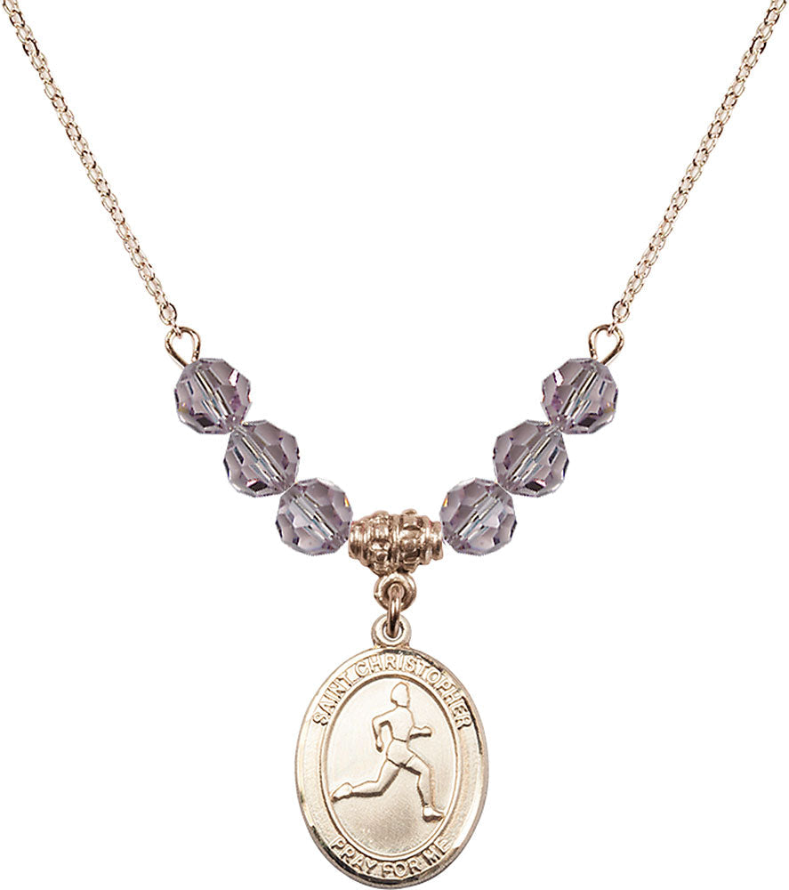 14kt Gold Filled Saint Christopher/Track & Field Birthstone Necklace with Light Amethyst Beads - 8149