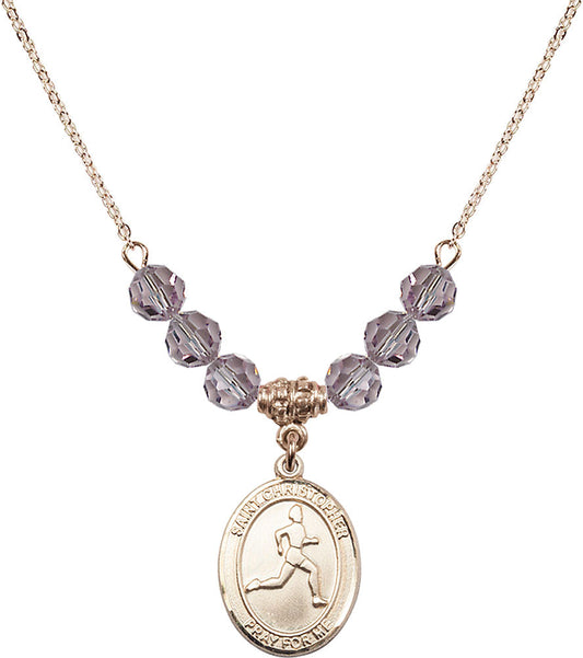 14kt Gold Filled Saint Christopher/Track & Field Birthstone Necklace with Light Amethyst Beads - 8149