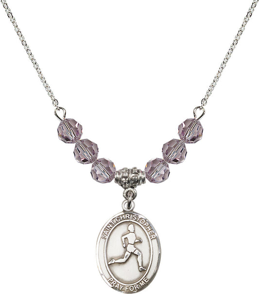 Sterling Silver Saint Christopher/Track & Field Birthstone Necklace with Light Amethyst Beads - 8149