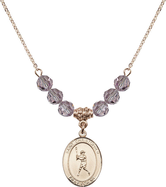 14kt Gold Filled Saint Christopher/Baseball Birthstone Necklace with Light Amethyst Beads - 8150