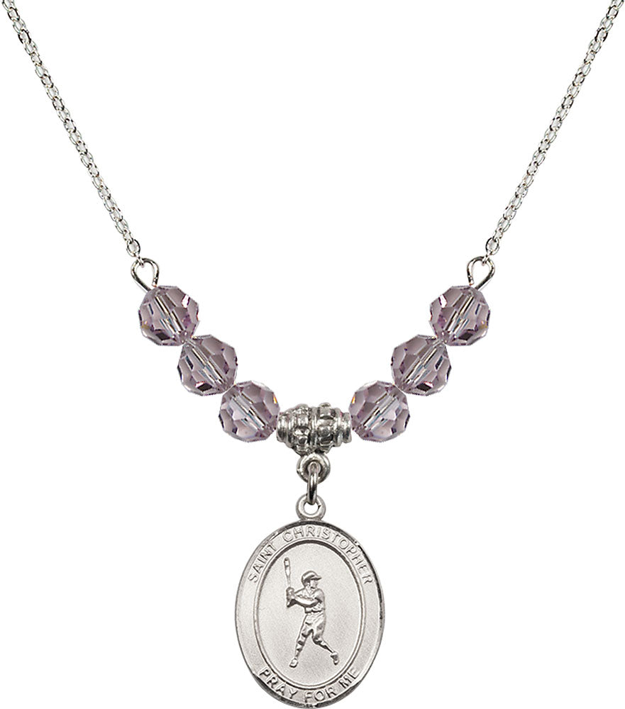 Sterling Silver Saint Christopher/Baseball Birthstone Necklace with Light Amethyst Beads - 8150