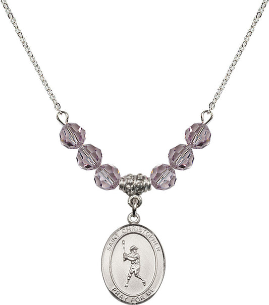Sterling Silver Saint Christopher/Baseball Birthstone Necklace with Light Amethyst Beads - 8150