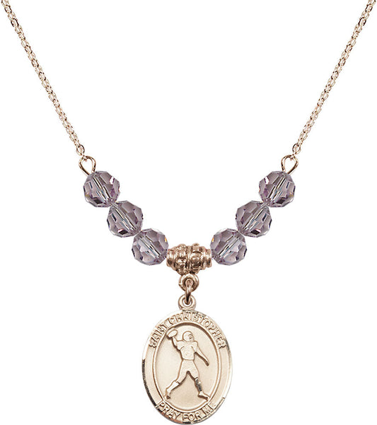 14kt Gold Filled Saint Christopher/Football Birthstone Necklace with Light Amethyst Beads - 8151
