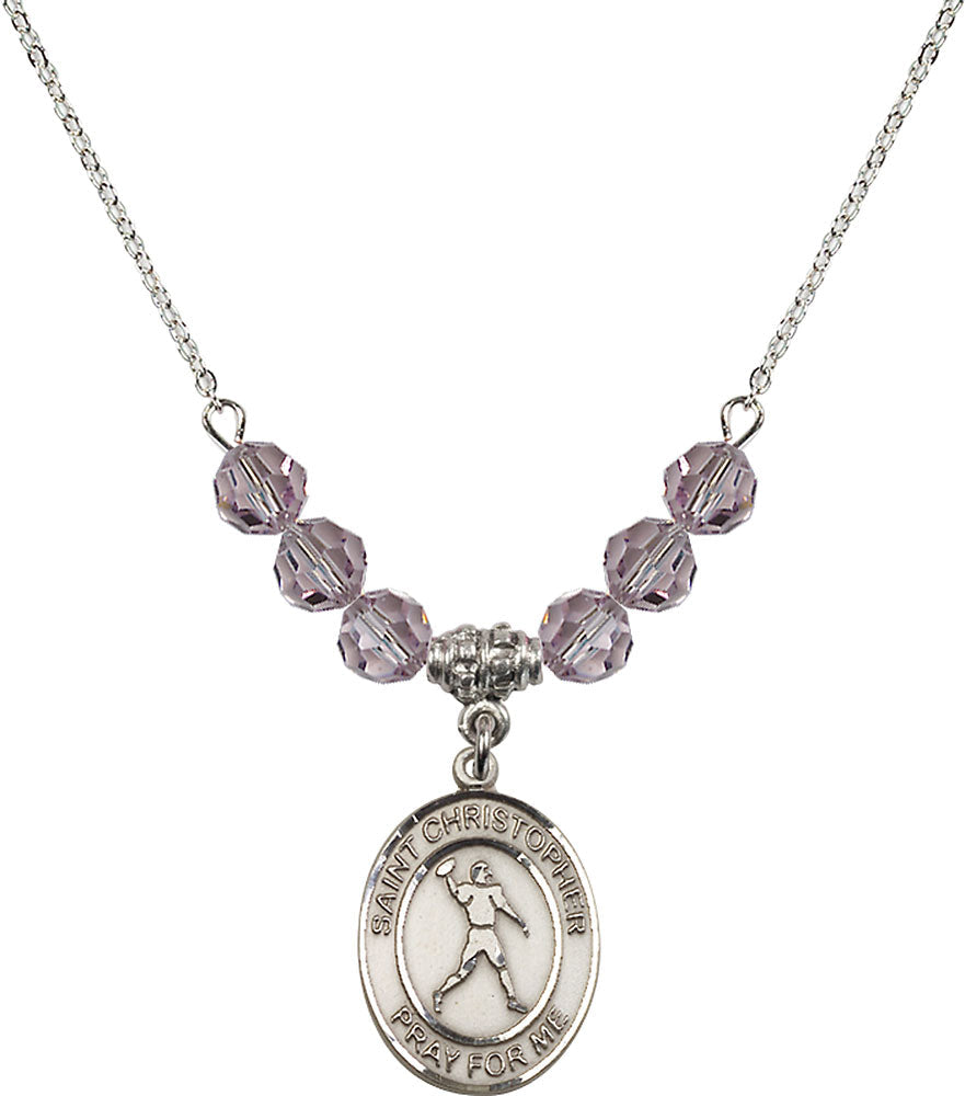 Sterling Silver Saint Christopher/Football Birthstone Necklace with Light Amethyst Beads - 8151