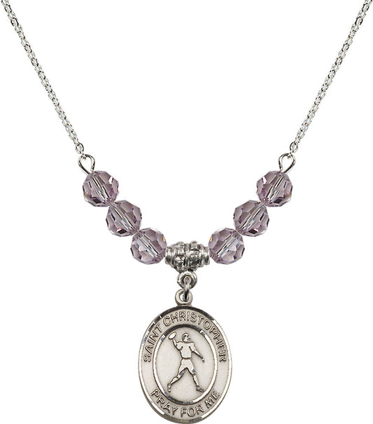 Sterling Silver Saint Christopher/Football Birthstone Necklace with Light Amethyst Beads - 8151