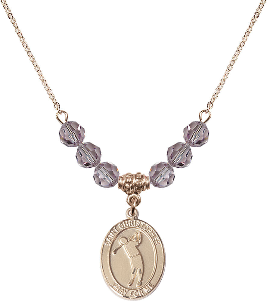 14kt Gold Filled Saint Christopher/Golf Birthstone Necklace with Light Amethyst Beads - 8152