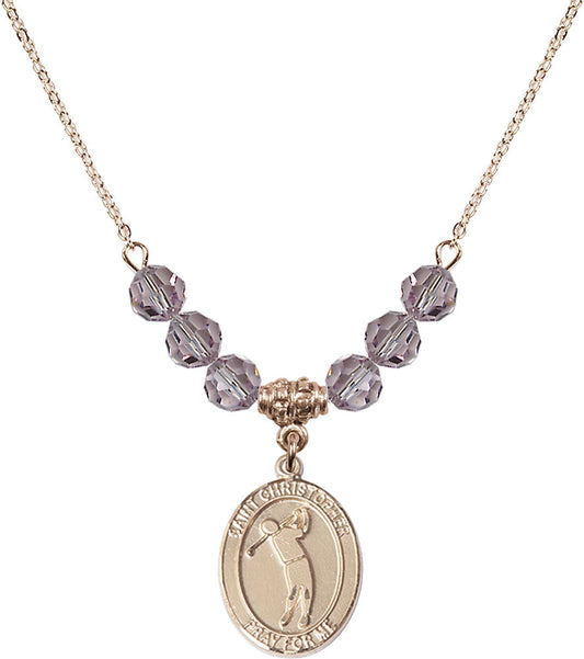 14kt Gold Filled Saint Christopher/Golf Birthstone Necklace with Light Amethyst Beads - 8152