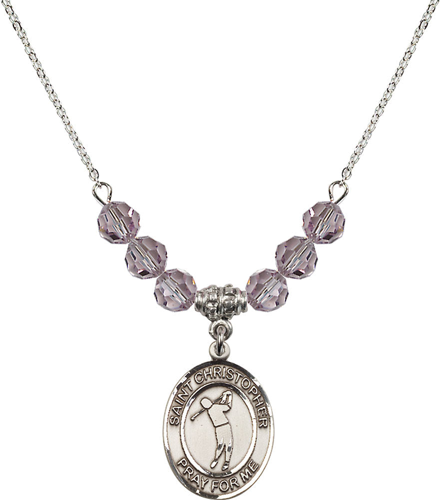 Sterling Silver Saint Christopher/Golf Birthstone Necklace with Light Amethyst Beads - 8152