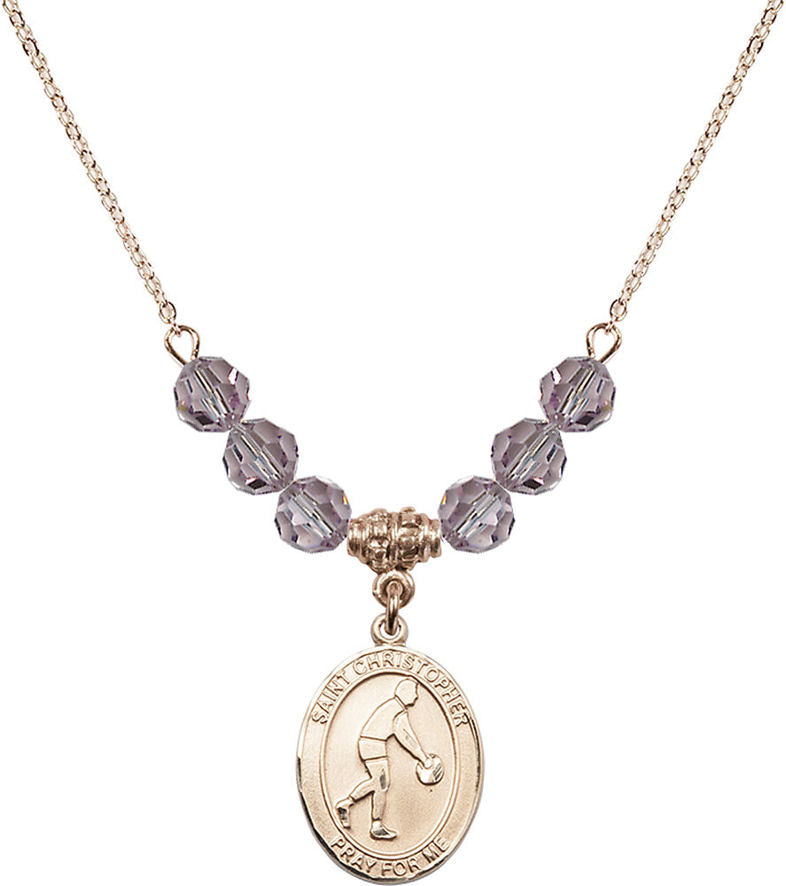 14kt Gold Filled Saint Christopher/Basketball Birthstone Necklace with Light Amethyst Beads - 8153