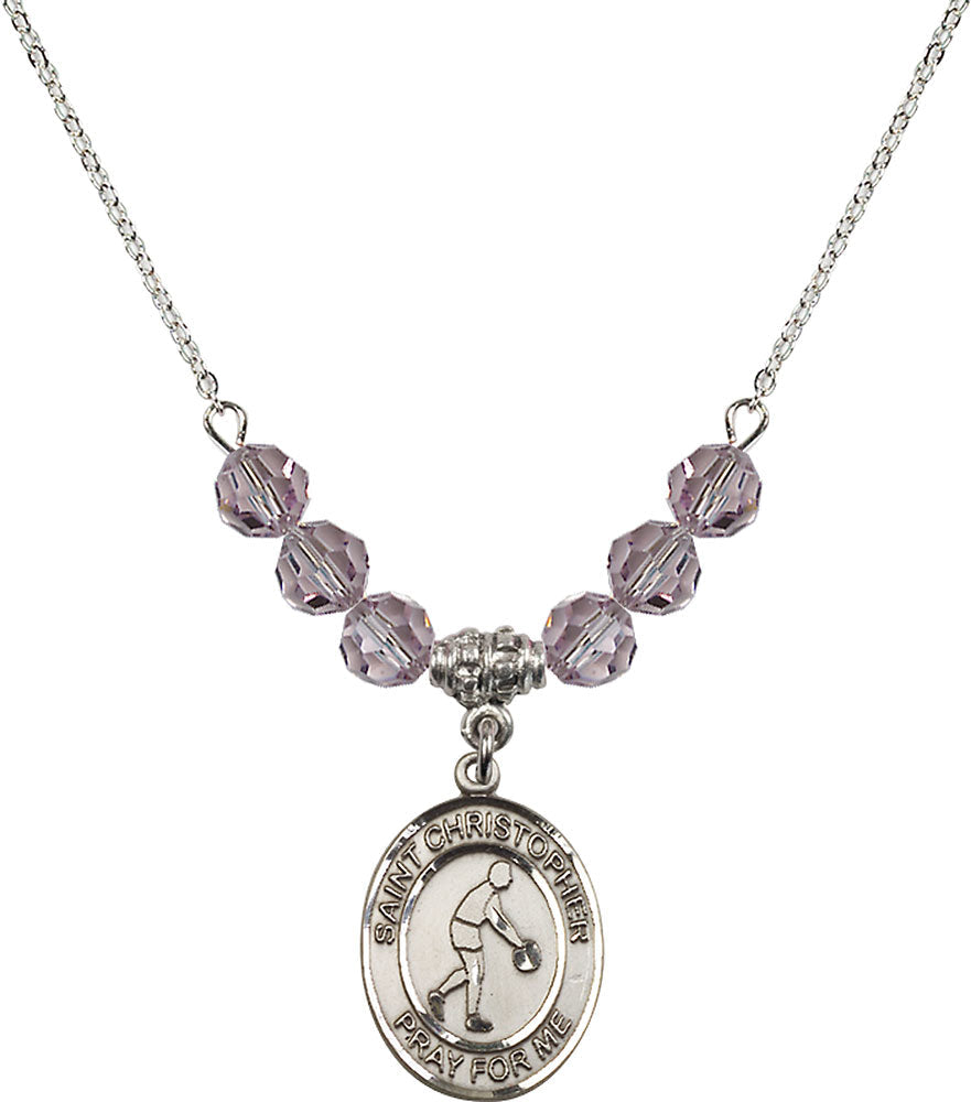 Sterling Silver Saint Christopher/Basketball Birthstone Necklace with Light Amethyst Beads - 8153