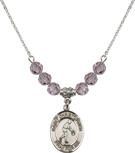 Sterling Silver Saint Christopher/Basketball Birthstone Necklace with Light Amethyst Beads - 8153