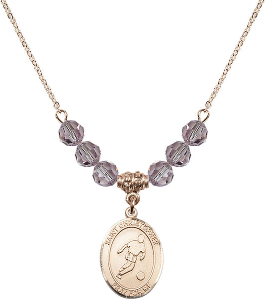 14kt Gold Filled Saint Christopher/Soccer Birthstone Necklace with Light Amethyst Beads - 8154