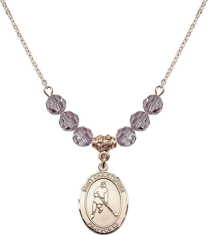 14kt Gold Filled Saint Christopher/Ice Hockey Birthstone Necklace with Light Amethyst Beads - 8155