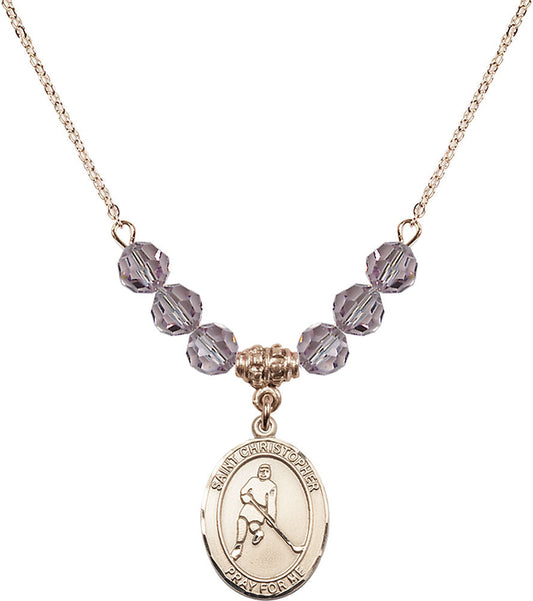 14kt Gold Filled Saint Christopher/Ice Hockey Birthstone Necklace with Light Amethyst Beads - 8155